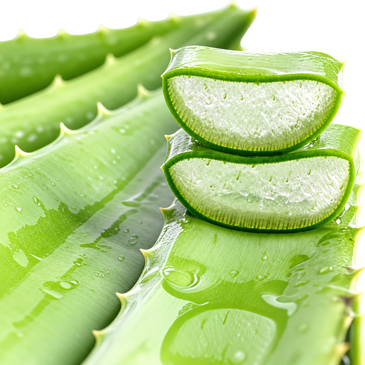 Gros plan sur des feuilles d'aloe vera vertes dont deux tranches épaisses laissent voir le gel clair à l'intérieur.